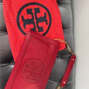 Tory Burch Red Leather Wristlet Clutch